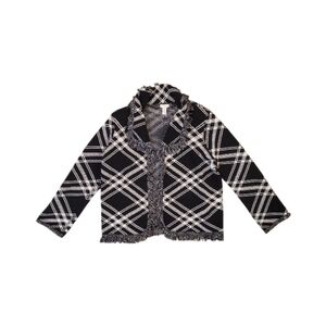 Chico's Women's Black White Diagonal Plaid Fringe Open Front Knit Cardigan Large